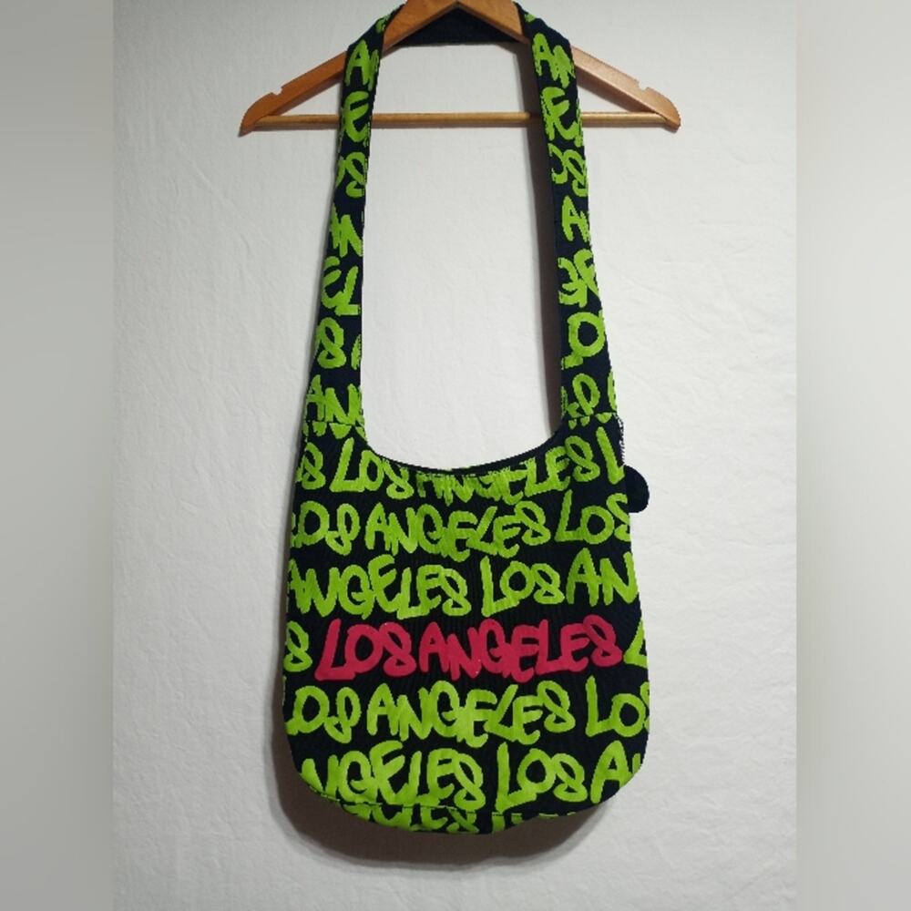 Robin Ruth Los Angeles Canvas Crossbody Bag Sling Tote Black Green And Pink